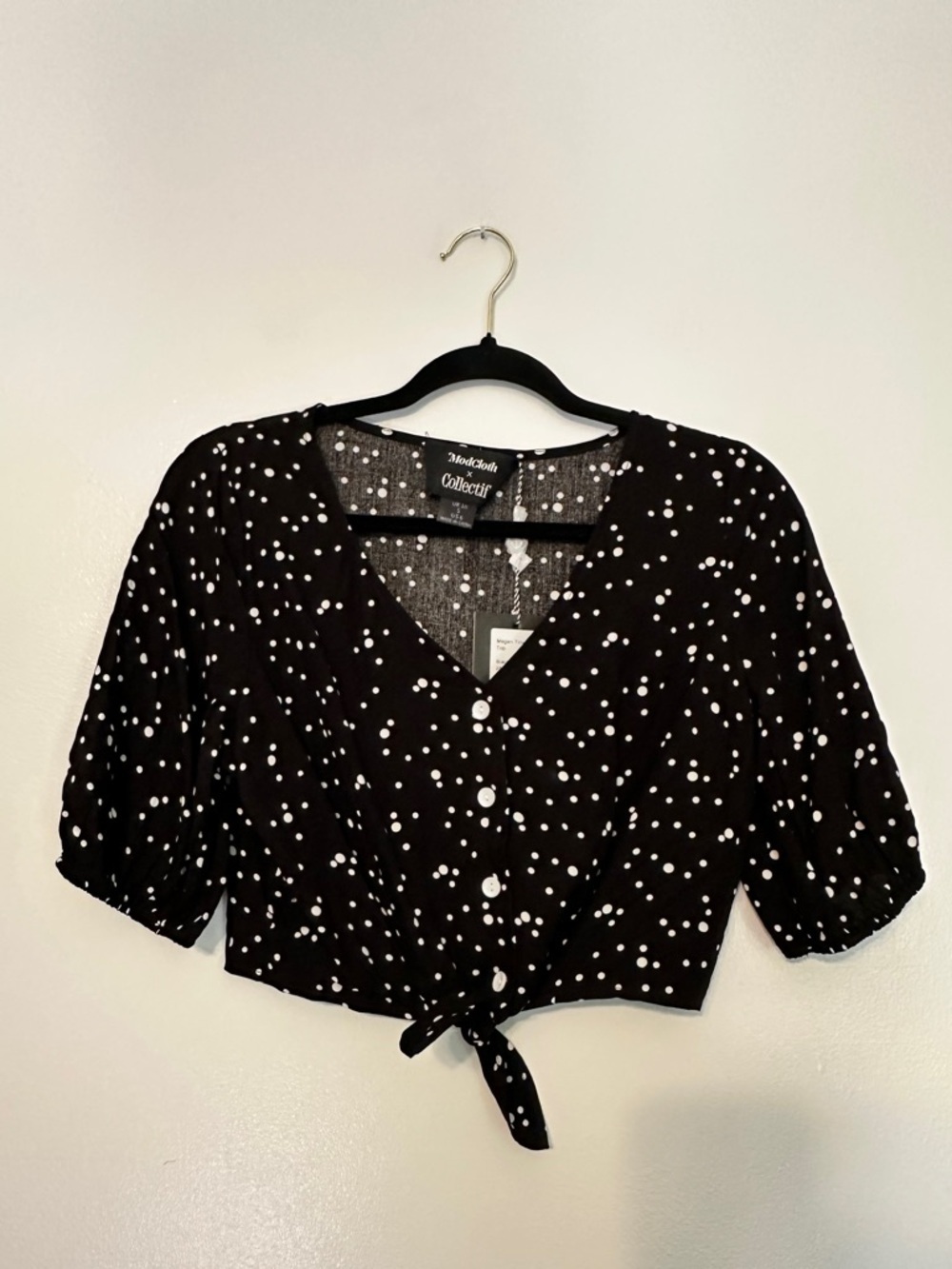 ModCloth Collectif Polka Dot Cropped Tie Front Buttondown Top size small